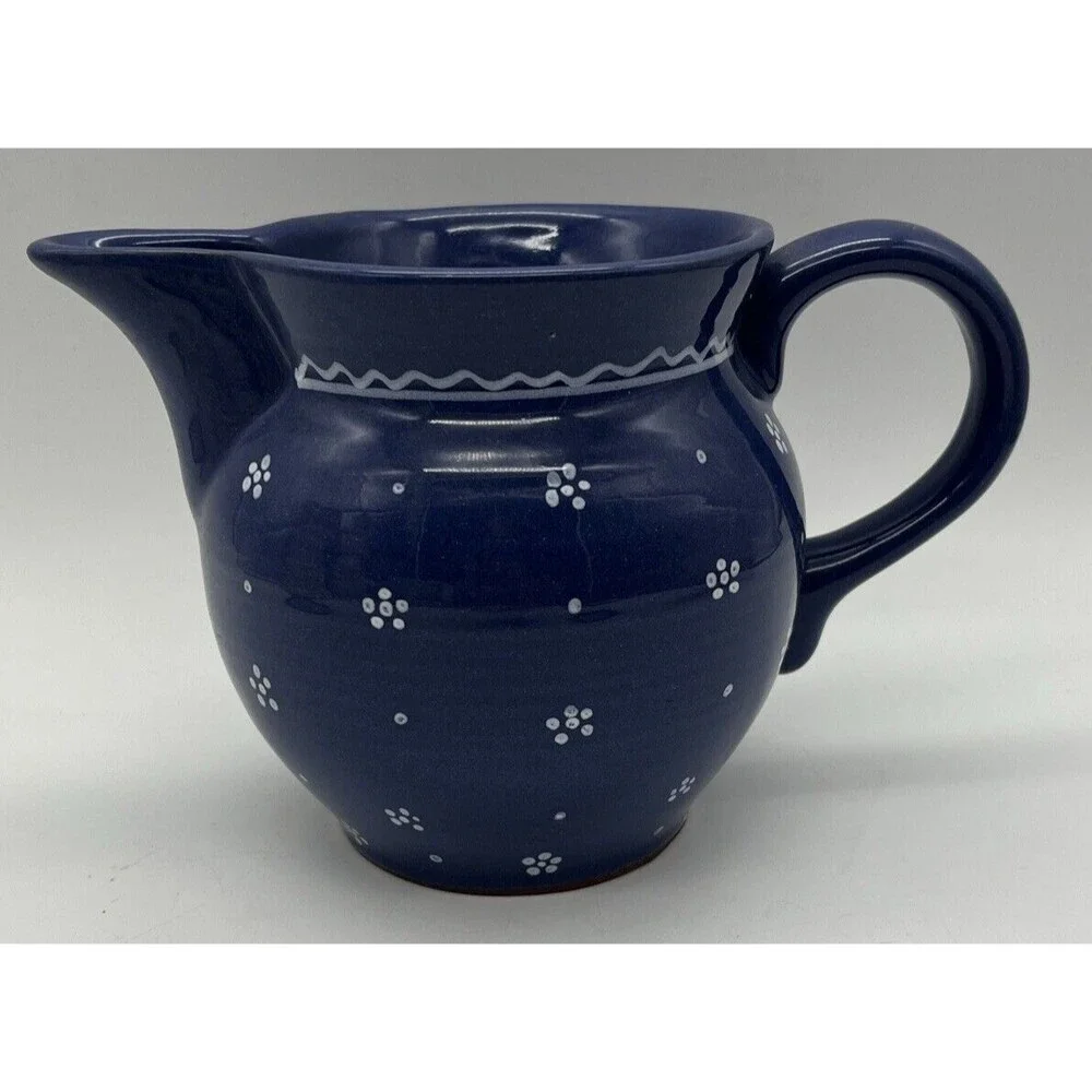 Majolica POTTERY PITCHER Milk Pitcher WILLIAMS SONOMA Blue White HUNGARY